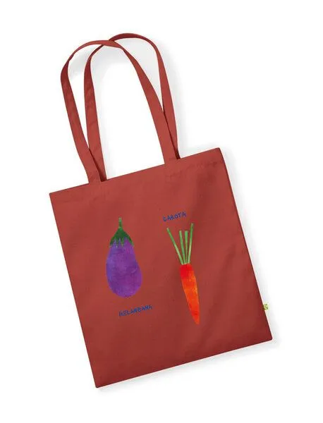 MelaDi MelaDi Tragetasche / Tote Bag aus Biobaumwolle - Aubergine und Karotte auf Rusty Red – Produktbild 3 von 3