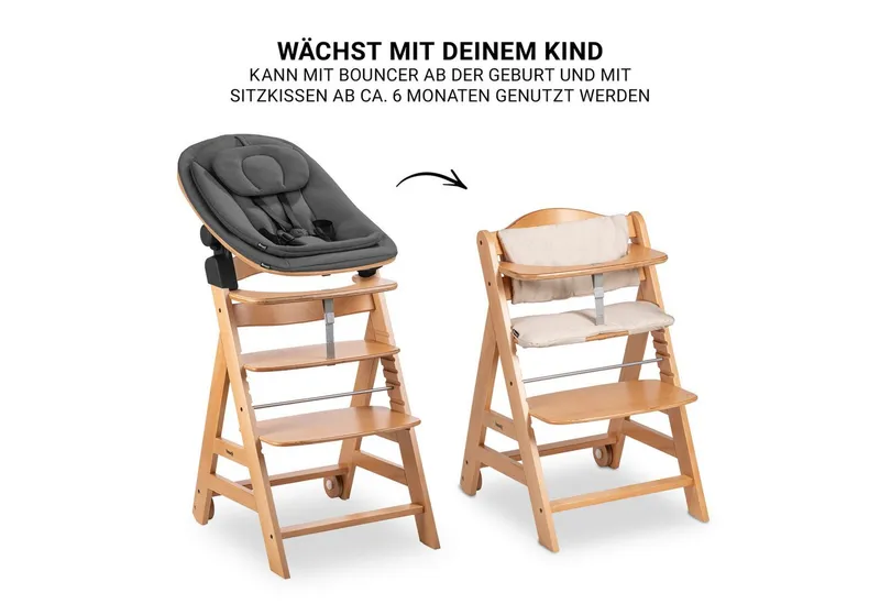 Hauck Hauck Hochstuhl Beta Plus Newborn Set Eco - Natural, Holz Babystuhl ab Geburt mit Neugeborenensufsatz, Sitzkissen, Essbrett – Produktbild 4 von 5