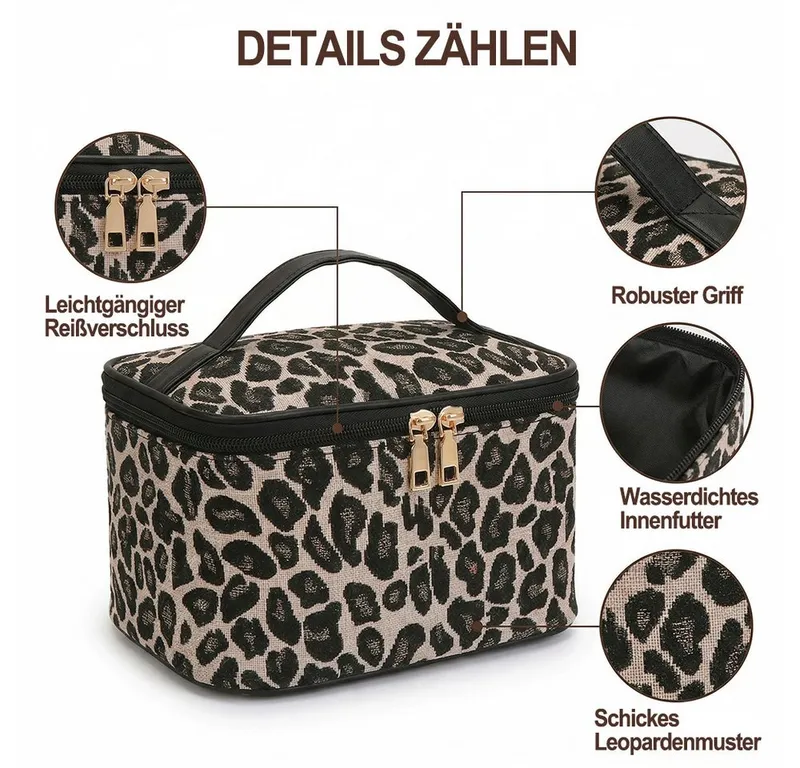 Agger Kulturbeutel Kosmetiktasche für Damen,Make-up-Tasche, tragbare (1-tlg), tragbare Kosmetiktasche mit Leopardenmuster,Waschbeutel, Beautycase – Produktbild 3 von 4