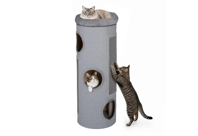 COSTWAY COSTWAY Kratzbaum Katzentonne mit 3 Höhlen, 4 Ebenen Katzentonne, 113 cm hoch, Grau, – Produktbild 1 von 7