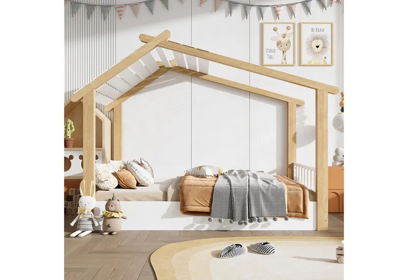 Merax Kinderbett 90x200cm im Holzhausdesign (1-tlg), Kieferholz Hausbett mit stabilem Lattenrost & schlichtem Design, Weiß, – Produktbild 3 von 5