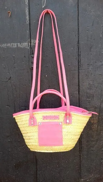 NATUREHOME NATUREHOME Palmblatt-Tasche mit stilvollen Pinken Leder-Highlights 37x12x16cm – Produktbild 2 von 4