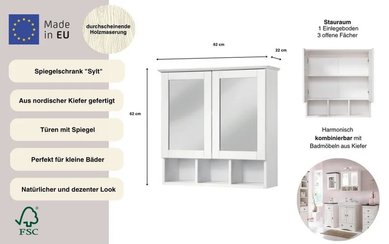welltime Spiegelschrank Landhaus Sylt Badschrank, Badmöbel, FSC®-zertifiziert Breite 62,5 cm, aus Massivholz, Weiß, – Produktbild 4 von 8