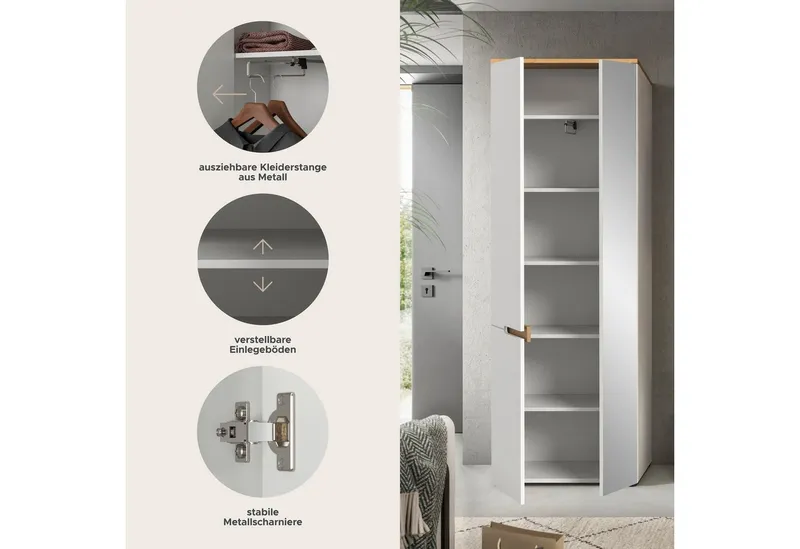 Home affaire Garderobenschrank REHAT, TOPSELLER!, Höhe 190cm, 2 Türen, 6 Fächer, 1 Kleiderstange (1-St., in verschiedenen Farben erhältlich) Garderobe, Flurschrank, Dielenschrank, Kleiderschrank, Garderobenmöbel, Weiß, – Produktbild 4 von 5