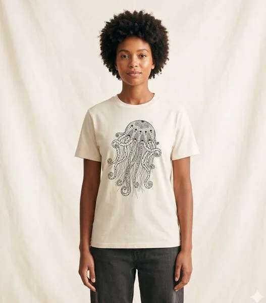 vis wear vis wear Yoga Qualle - Göttin im Ozean - Pure Natural Bio Baumwolle Shirt - Front Print, Natural, – Produktbild 2 von 3
