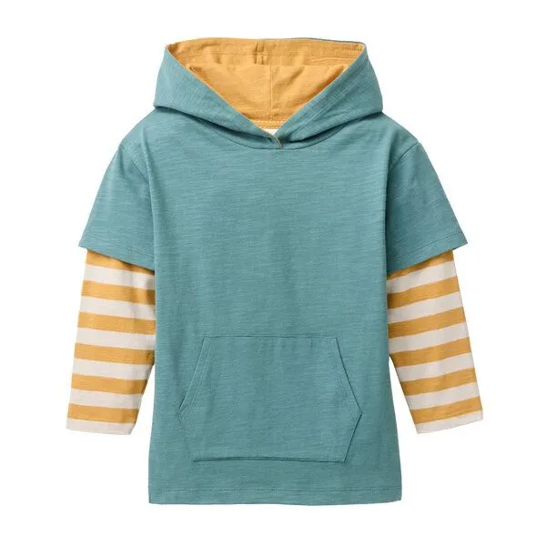People Wear Organic People Wear Organic Langarm Shirt mit Kapuze, grün uni und gelb geringelt, Bio-Baumwolle – Produktbild 1 von 2
