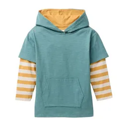 People Wear Organic People Wear Organic Langarm Shirt mit Kapuze, grün uni und gelb geringelt, Bio-Baumwolle – Produktbild 1 von 1