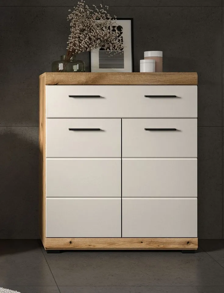 Inn.Furn Badkommode Shawn (Badschrank in Eiche und Sand / Kaschmir, 2-türig, 74 x 88 cm), mit Vollauszug, Beige, – Produktbild 4 von 5