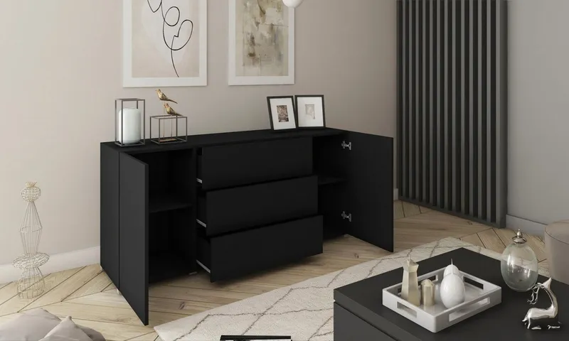 Home affaire Sideboard BERLIN, Moderne grifflose Kommode Breite 150 cm, 4 Schubkästen/ 2 Türen, Schwarz, – Produktbild 3 von 5