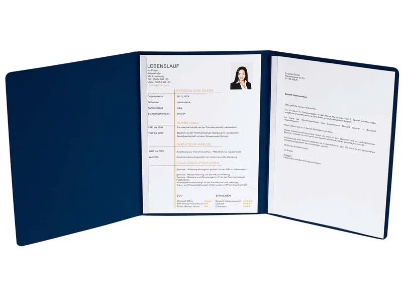 Exacompta 10 Exacompta Bewerbungsmappen in Leinenoptik, 400 g/m², DIN A4, 3-tlg. 2 Klemmsch., blau – Produktbild 1 von 1
