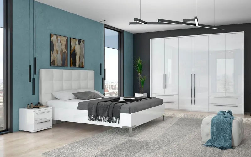 OTTO home Drehtürenschrank Piano, inklusive Rahmen und Beleuchtung, soft-close-Funktion (277 oder 322cm breit, 226cm hoch, mit 4 Schubladen) UV lackiert, hochglänzend weiß oder beige, FSC-zertifiziert, Weiß, – Produktbild 5 von 8