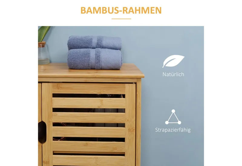 kleankin kleankin Badkommode Badezimmerschrank, Badschrank (Beistellschrank mit 2 Lamellentüren, Innenregalen, 1 St., Bambus Aufbewahrungsschrank für Badezimmer), 68 x 32 x 86 cm, Beige, – Produktbild 5 von 5