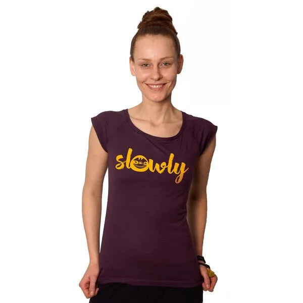 HANDGEDRUCKT HANDGEDRUCKT RESTPOSTEN "Slowly" Bamboo Frauen T-Shirt, Aubergine, – Produktbild 1 von 3