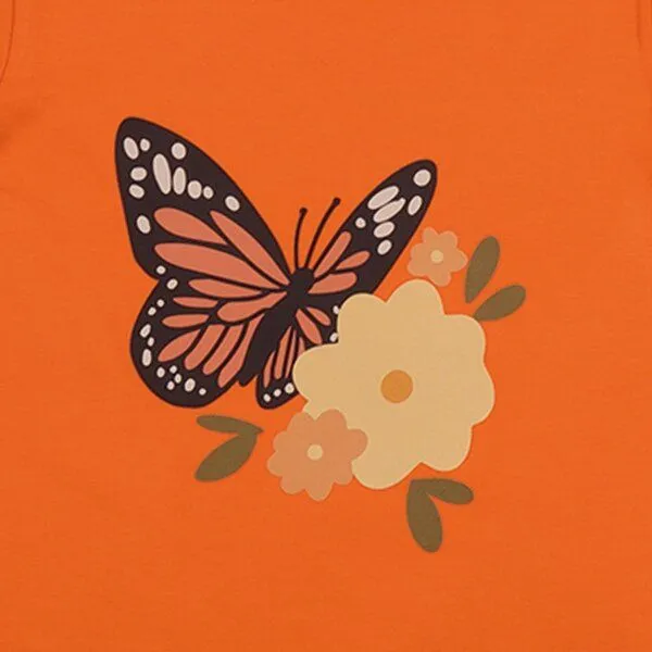 Walkiddy Walkiddy Kinder T-Shirt GOTS-zertifiziert aus Bio-Baumwolle orange mit Schmetterlings- und Blumenmotiv, Blau, – Produktbild 2 von 3