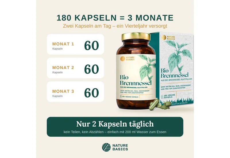 Nature Basics Hochwertiges Bio Brennnessel Vegan im Braunglas 180 Kapseln, 180 St., 103 g – Produktbild 3 von 5