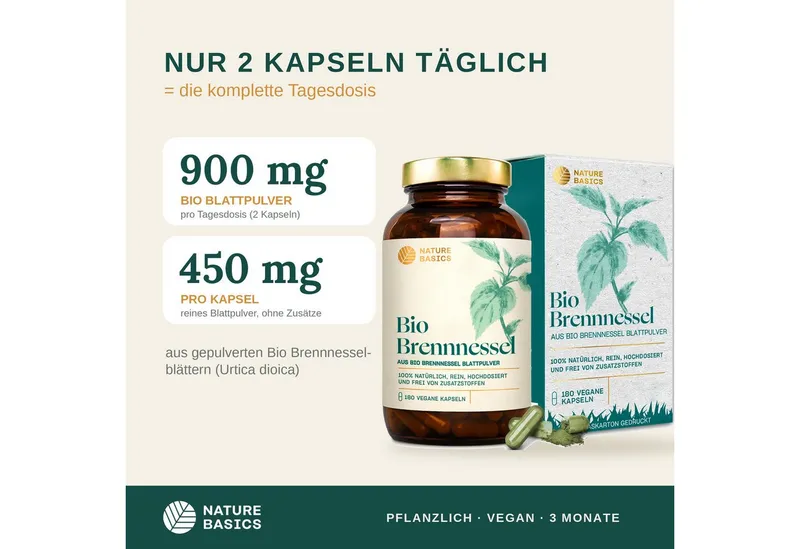 Nature Basics Hochwertiges Bio Brennnessel Vegan im Braunglas 180 Kapseln, 180 St., 103 g – Produktbild 2 von 5