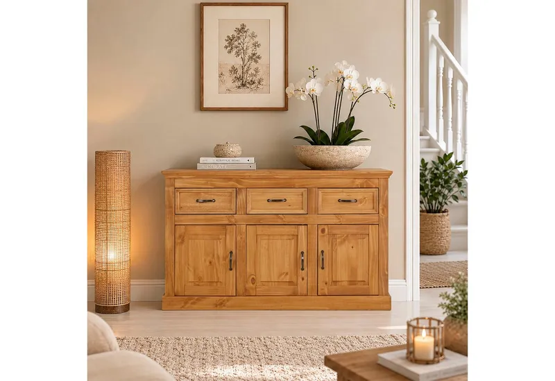 OTTO home Sideboard Selma Kommode mit 3 Türen, 3 Schubläden und 6 Fächer, Metallgriffe, aus massivem Kiefernholz, 3 Einlegeböden, mit dekorativer Fräsung, Beige, – Produktbild 2 von 5