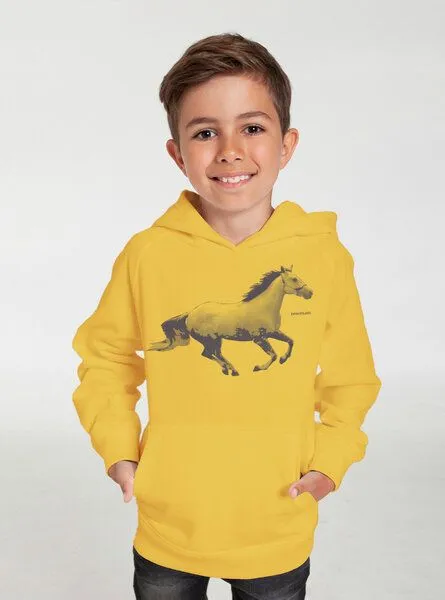 Peaces.bio - handbedruckte Biomode Peaces.bio - handbedruckte Biomode Bio-Kinder-Kapuzen-Sweatshirt "Horsepower", Gelb, – Produktbild 2 von 2