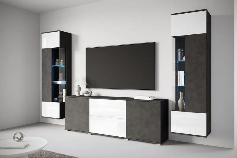 OTTO home Wohnwand KENIA, (Komplett-Set, 3-St), Vitrinen mit Eckverglasung, hängend und stehend montierbar, Schwarz, – Produktbild 2 von 7