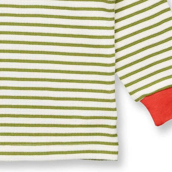 Sense Organics Sense Organics Kinder Schlafanzug, Modell JUNIS, Moosgrün-weiß geringelt mit dino-motiv, – Produktbild 4 von 4