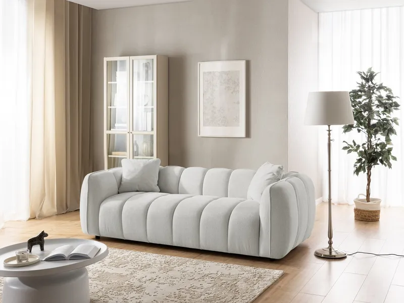 S-Style Möbel Sofa 3-Sitzer Nubira in tief gesteppter Bubble-Optik aus Strukturstoff, mit modernem Design und Wellenfederung, Grau, – Produktbild 4 von 5