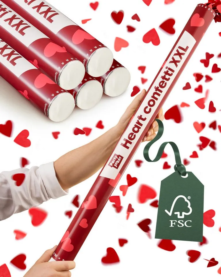 Partyjoker Konfetti Konfettikanone Herzen Rot - FSC Konfetti - 5-8 m Strahl - Party, Extra Groß & FSC Papier – 5-8 Meter Hoher Effekt, Rot, – Produktbild 1 von 5