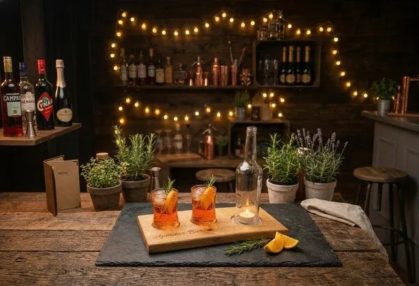 Portia by Callidus Designs Portia by Callidus Designs Aperitivo Bar Servierbrett aus Eiche mit Naturkante mit Glasmulden – Produktbild 6 von 8