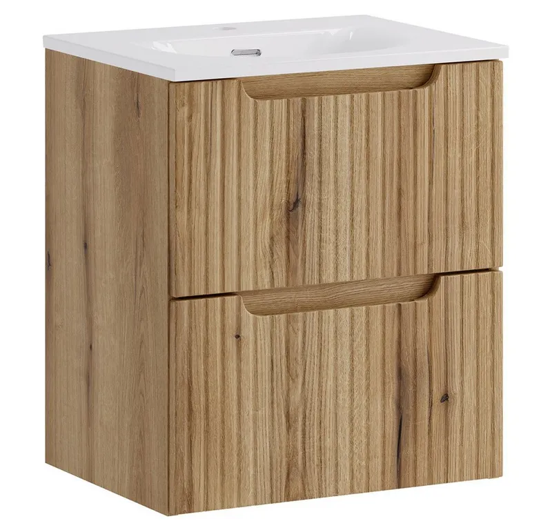 Lomadox Waschtisch NEWPORT-56-EVOKE, 50 cm breit, Eiche mit gerillter Front, 2 Schubladen, Braun, – Produktbild 1 von 5