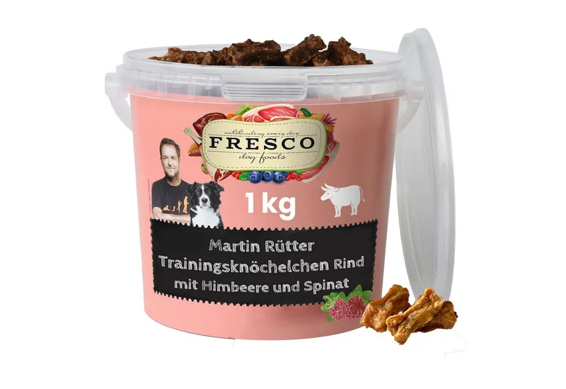 Fresco Dog Martin Rütter Trainingsknöchelchen 1kg, Hunde Leckerli Rind mit Himbeeren Spinat, Snack für: Hunde, getreidefrei, zuckerfrei, hoher Fleischanteil – Produktbild 1 von 5