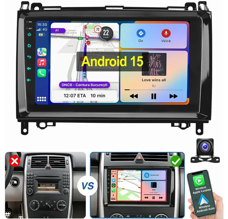 ESSGOO Android 15 Für Mercedes-Benz A/B Klasse/Vito W169 W639 W245 W906 Navigationsgerät (2 DIN Carplay Bluetooth Navigationsgeräte Rückfahrkamera(optional), Schwarz, – Produktbild 6 von 6