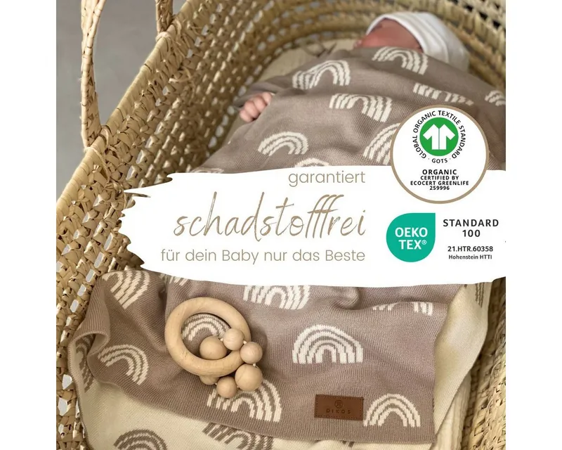 Babydecke DIKOS® aus Bio-Baumwolle - Regenbögen - Baby Decke für Neugeborene, DIKOS, Geschenk zur Geburt - Strickdecke PREMIUM Qualität - atmungsaktiv, Beige, – Produktbild 3 von 5
