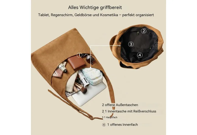 Oemmn Schultertasche große Damen Wildleder Tasche mit Reißverschluss & verstellbarem Gurt, Handtasche Damen aus weichem veganem Leder mit Fächern, Kaffee, – Produktbild 4 von 4