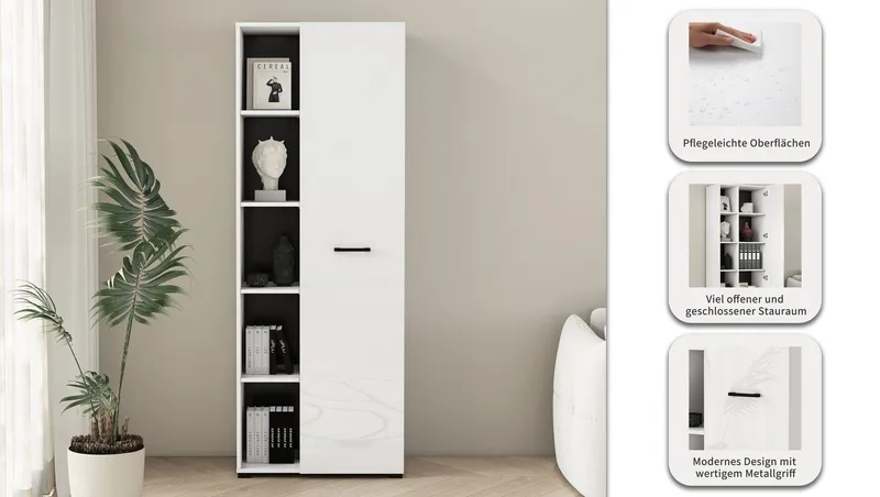 OTTO home Aktenschrank Moid, moderner Mehrzweckschrank, Maße: 64,5x41,5x175 cm, 5 Fächer mit viel Stauraum, Weiß, – Produktbild 4 von 8