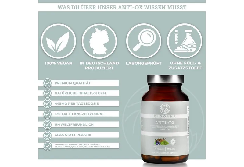 QIDOSHA Antioxidantien-Komplex ANTI-OX Kapseln, 120 St., 52 g, Mit Alpha-Liponsäure und Quercetin – Produktbild 3 von 5