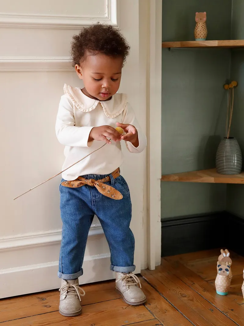 Vertbaudet Mädchen Baby Jeans mit Stoffgürtel, Blue stone, – Produktbild 1 von 3