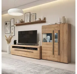 Lomadox Wohnwand TURDA-83, (3-St., Couchtisch Highboard Lowboard Sideboard Vitrine Wandregal), Eiche braun Metallgriffe Softclose-Türen inkl. Beleuchtung – Produktbild 1 von 1