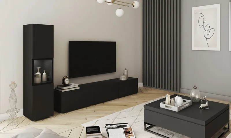 Home affaire Wohnwand BERLIN I, Vitrine Türschlag links/rechts wechselbar, (Komplett-Set, 2-St), moderne grifflose Mediawand Breite 220 cm, Vitrine mit Verglasung, Schwarz, – Produktbild 3 von 6