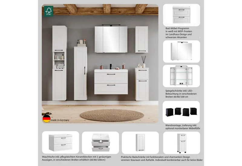 welltime Waschtisch CADIZ, Waschtisch, matt weiß, Landhaus-Optik, schwarze Aktzente, Weiß, – Produktbild 4 von 5