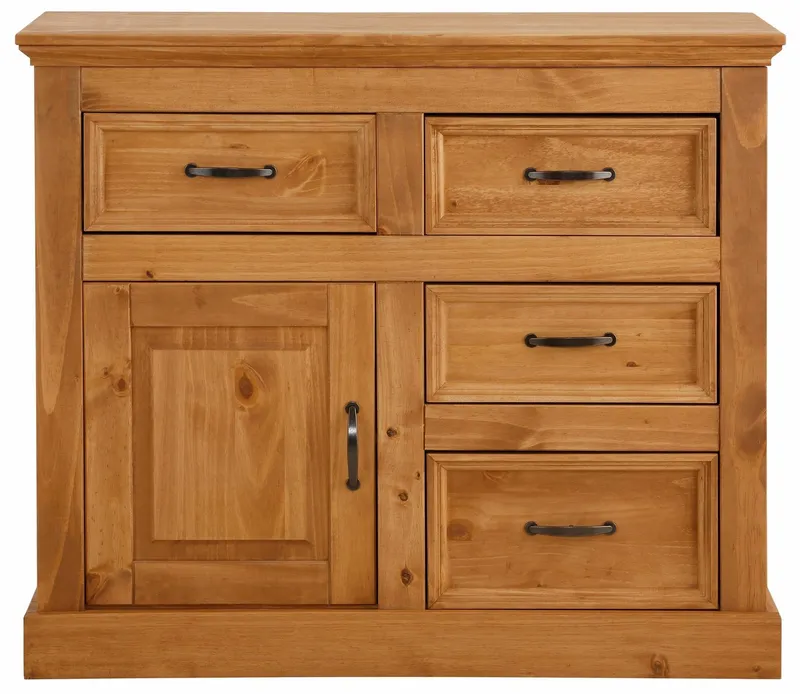 OTTO home Sideboard Selma Kommode mit 1 Tür, 3 Schubläden und 2 Fächer, Metallgriffe, aus massivem Kiefernholz, natürlichen Maserung, Breite/Höhe 100/87 cm, Beige, – Produktbild 4 von 5