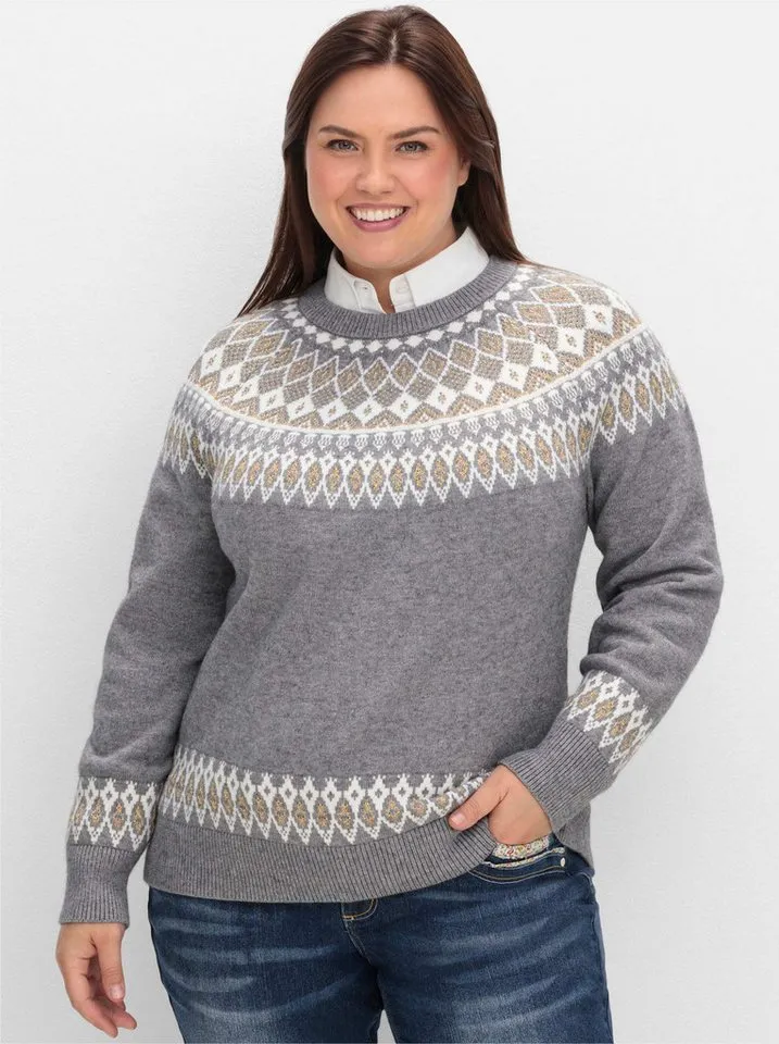 sheego by Joe Browns sheego by Joe Browns Strickpullover Strickpullover Langarm mit Norwegermuster, Grau, – Produktbild 3 von 3