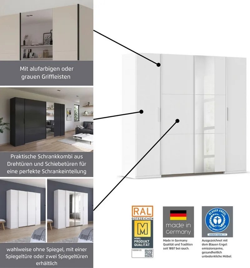 Rauch Rauch Schwebetürenschrank Kleiderschrank Drehtürenschrank Schrank Garderobe KRONACH (in 3 Ausstattungen BASIC/CLASSIC/PREMIUM, Breiten 225/268/311/354 cm) Kombischrank optional mit 1 oder 2 Spiegel viele Böden MADE IN GERMANY, Grau|weiß, – Produktbild 6 von 7