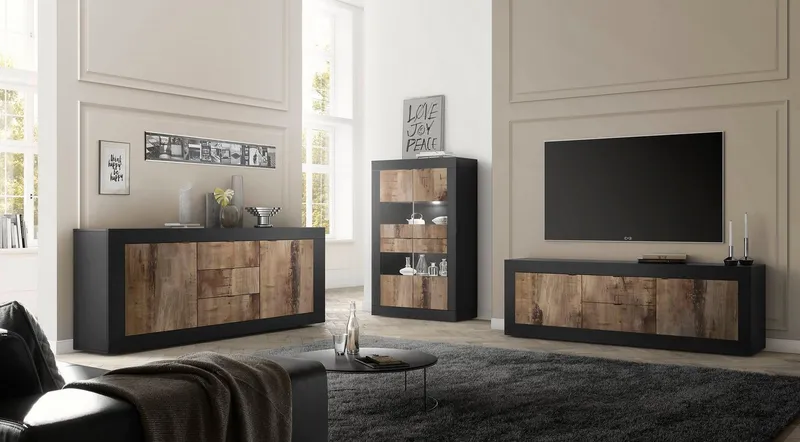 Home affaire Vitrine Basic Höhe 162 cm, Standvitrine mit 4 Türen - Metallgriffe, Stauraumvitrine in moderner Rahmenoptik, Hochschrank, Anrichte, Braun|schwarz, – Produktbild 4 von 5