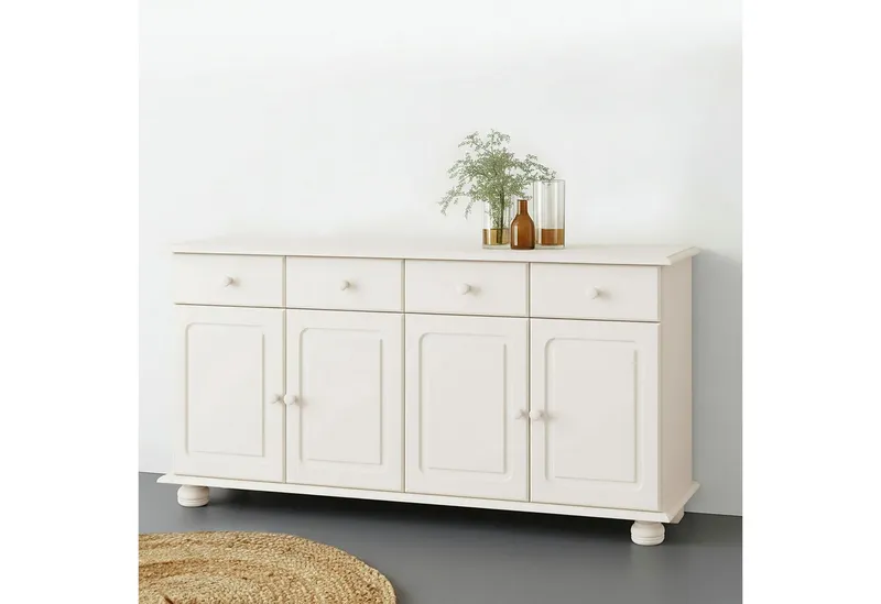 OTTO home Sideboard Mette Kommode mit 4 Türen & 2 Schubladen, die optisch geteilt sind, aus massiver Kiefer, dekorative Fräsung, 2 verstellbare Einlegeböden, Weiß, – Produktbild 1 von 5