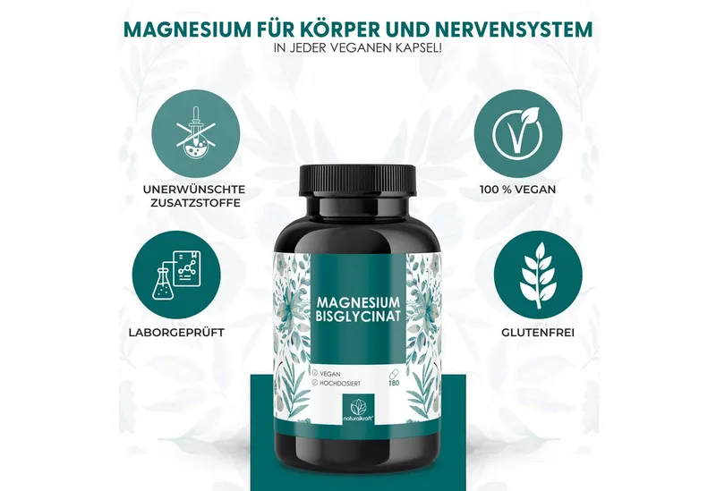 Naturalkraft Magnesium Bisglycinat Kapseln 2400 mg hochdosiert 180 Kapseln - Vegan Kapseln, 165 g – Produktbild 1 von 4