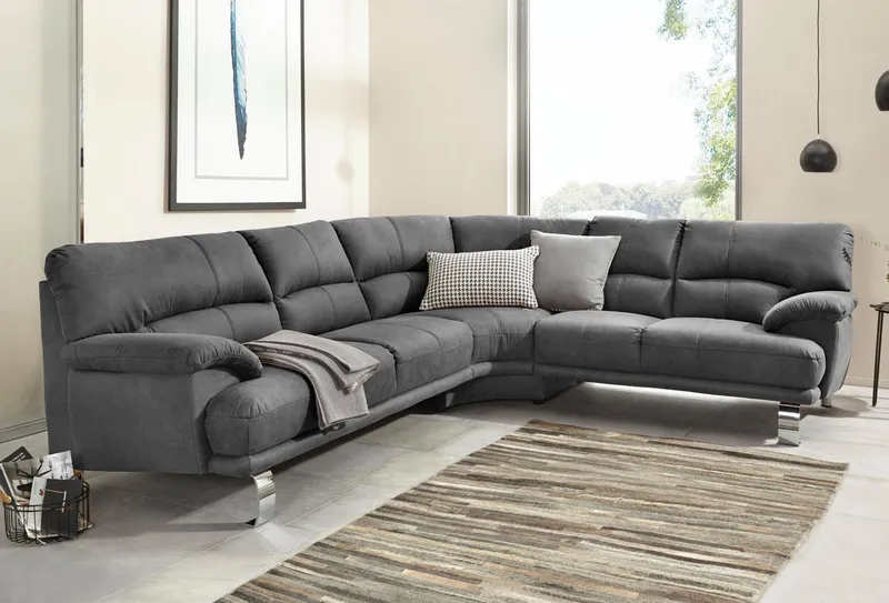 TRENDMANUFAKTUR Ecksofa Cecilia II, in italienischen Design, bequem, hoher Sitzkomfort, L-Form, extrabreite Armlehnen für noch mehr Sitzkomfort, Grau, – Produktbild 1 von 8