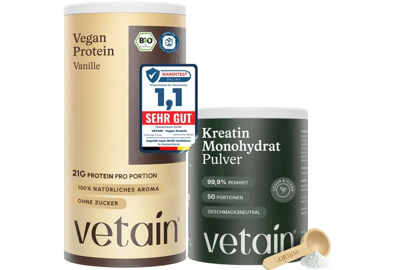 VETAIN Vegan Protein Pulver + Kreatin Monohydrat Pulver, 100% Bio, Vegan, Ohne künstliche Süßungsmittel, Fermentiert – Produktbild 1 von 6