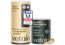 VETAIN Vegan Protein Pulver + Kreatin Monohydrat Pulver, 100% Bio, Vegan, Ohne künstliche Süßungsmittel, Fermentiert – Produktbild 1 von 1