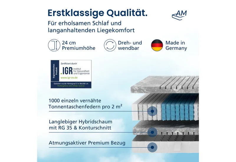 Taschenfederkernmatratze Deluxe 7-Zonen Federkernmatratze mit 3D Kaltschaum, Optimale Anpassung, AM Qualitätsmatratzen, 24 cm hoch, 90x200 cm – Produktbild 4 von 5
