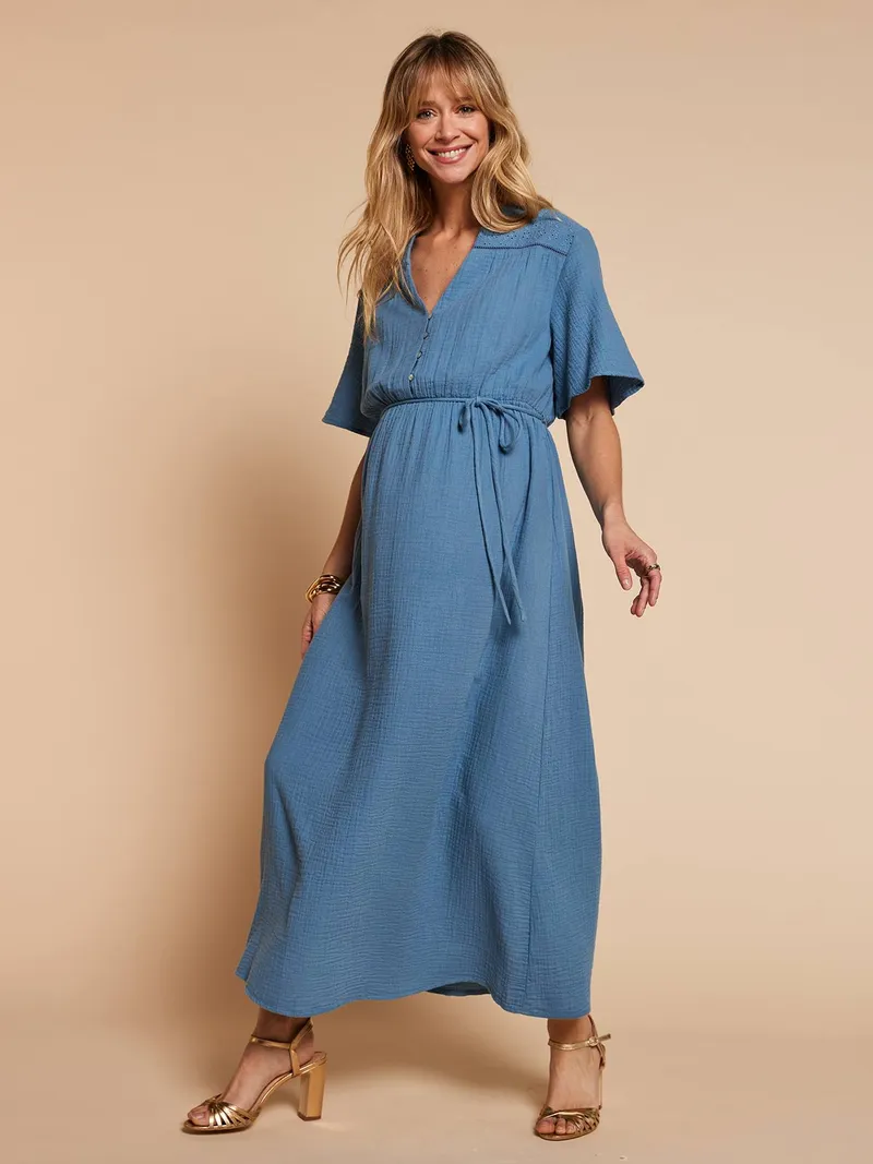 Envie De Fraise Maxikleid aus Musselin für Schwangerschaft und Stillzeit ENVIE DE FRAISE, Jeansblau, – Produktbild 2 von 4
