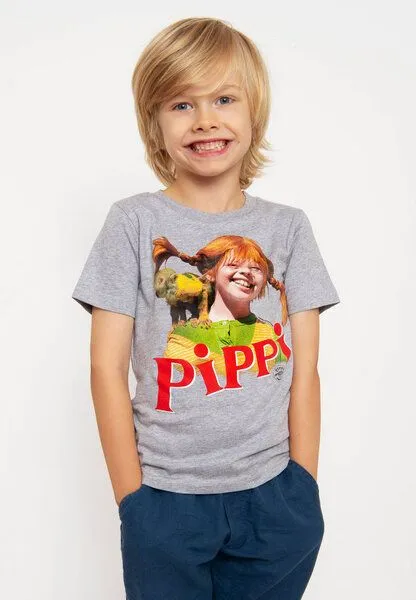 LOGOSH!RT LOGOSH!RT - Pippi Langstrumpf & Herr Nilsson - Bio T-Shirt - Kinder, Grau-meliert, – Produktbild 4 von 4